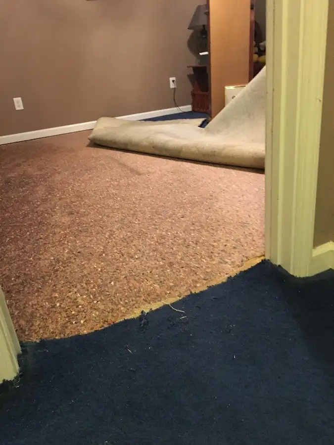 Carpet pad removal revealing water damage during Water Mitigation Services in New Hanover